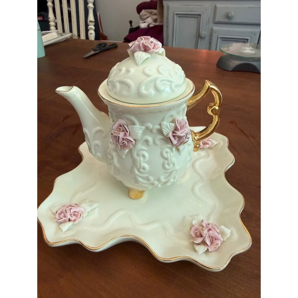 Vintage Porcelain Tea Set Pink 3D Roses Gold Trim Teapot Creamer Sugar Tray